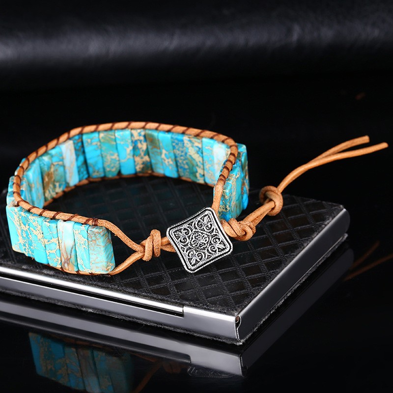 Natural Blue Turquoise Tube Stone Bracelet Leather Braided Healing Copper Wrap