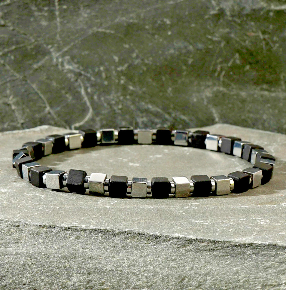 Men’s Square Beads Black Tourmaline Hematite Protection Stretch Bracelet Gift