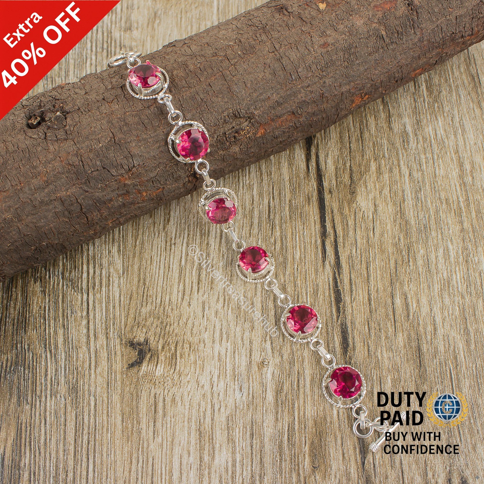 Round Pink Tourmaline Gemstone Wife Birthday Chain Bracelet Jewelry 925 Silver