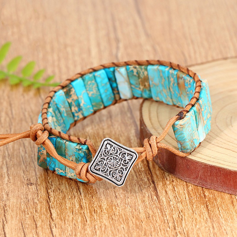 Natural Blue Turquoise Tube Stone Bracelet Leather Braided Healing Copper Wrap
