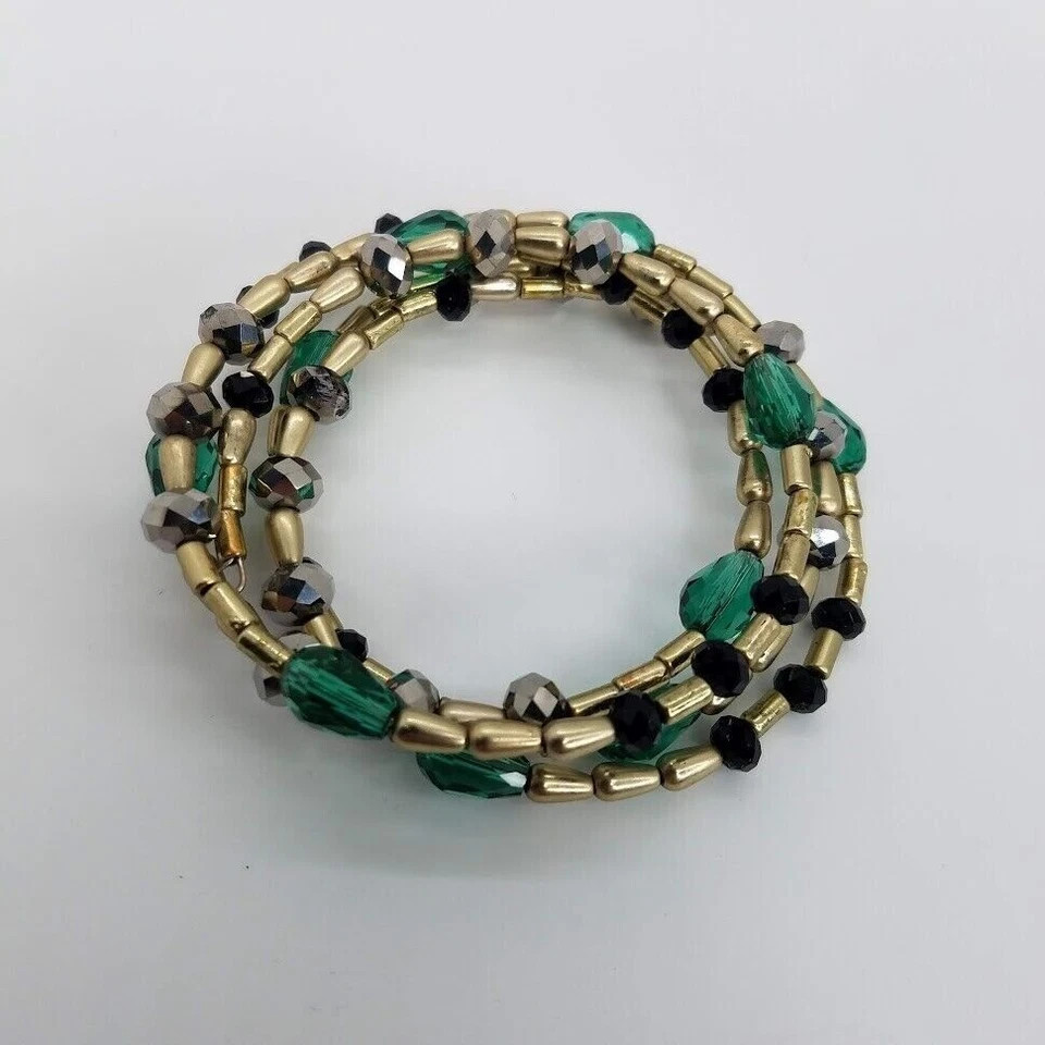 Fashion Beaded Memory Wire Coil Bracelet Green Black Gold Tone Multi Strand Wrap