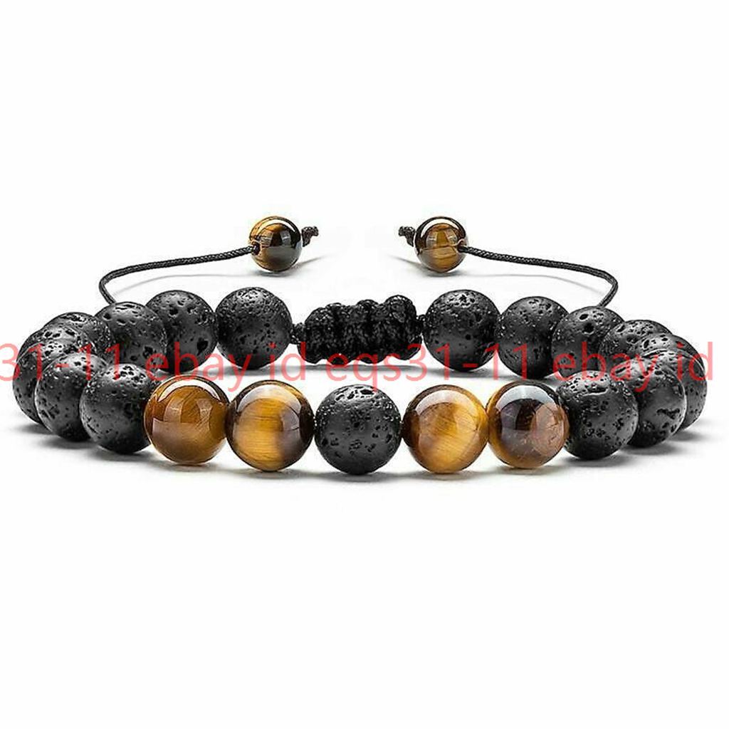 2 Pcs Black Lava Yellow Tiger’s Eye Adjustable Bracelets 8mm Stress Bracelets