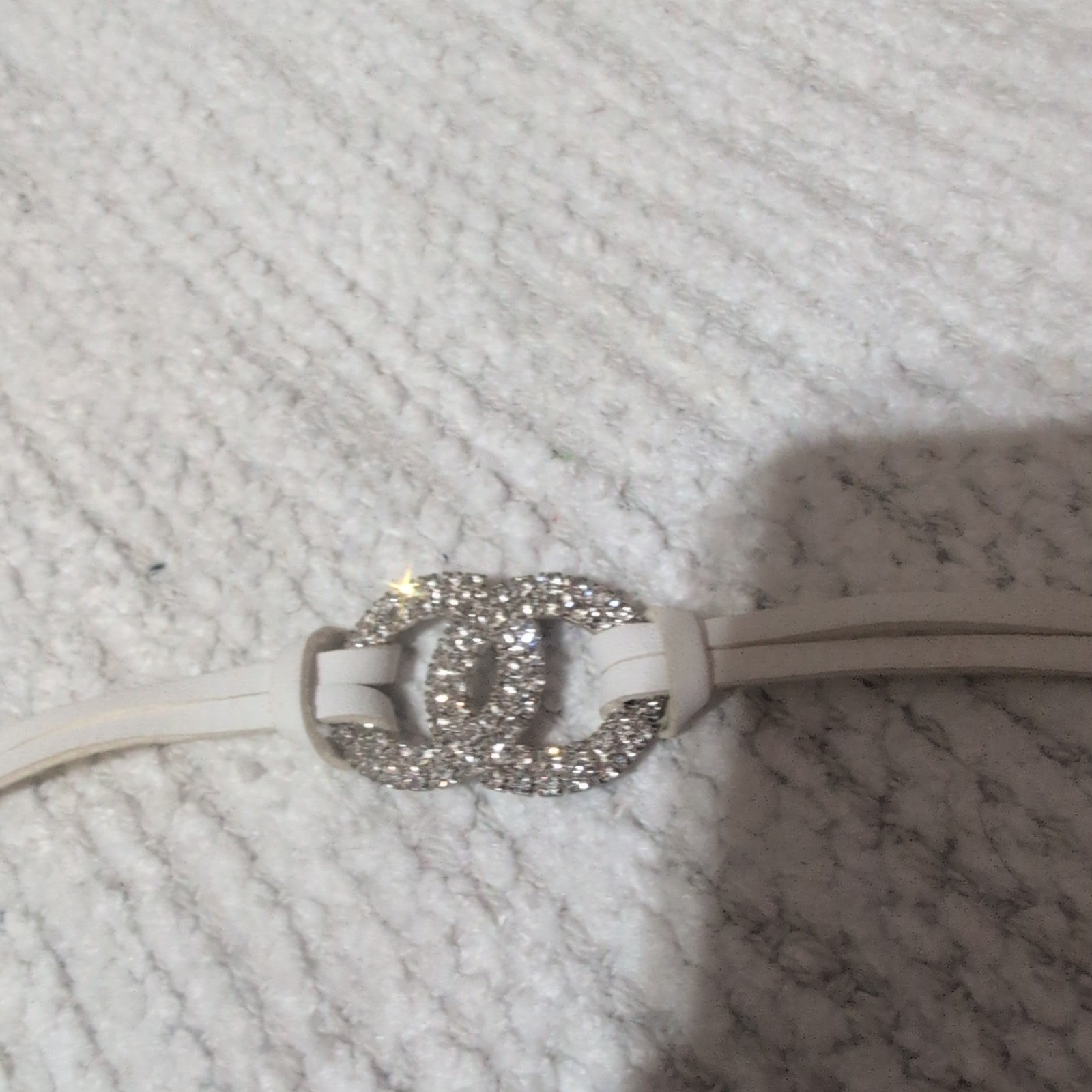 White Faux Leather Silver Cable Chain Bracelet Pave Clear Crystal Buckle