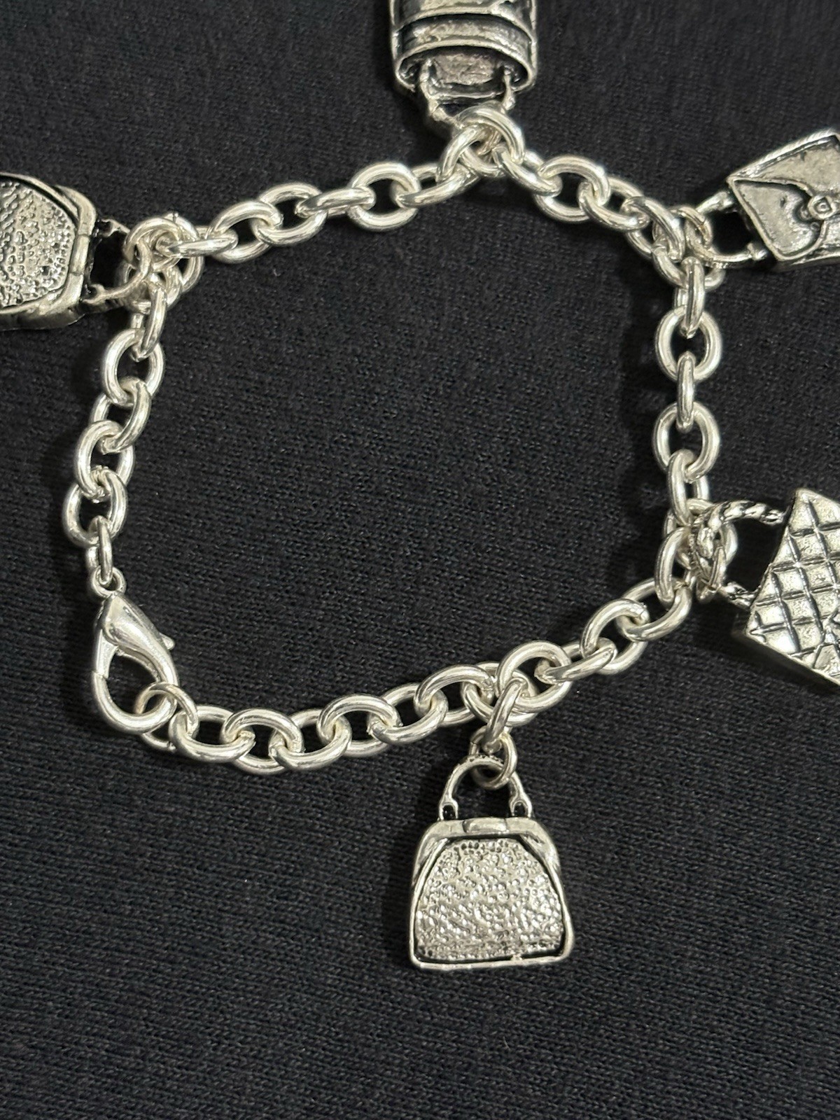 Vintage Silver Tone Handbag Charm Bracelet Purse Fashion Charms Toggle Style 7”