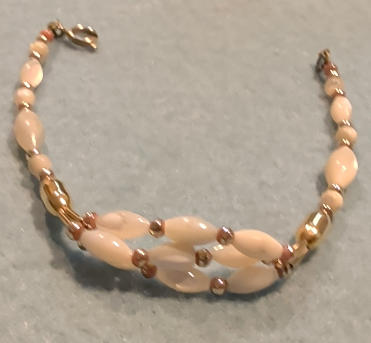 Pink Marquise Beaded Bracelet Gold Tone Accents Bead Chain Lobster Clasp