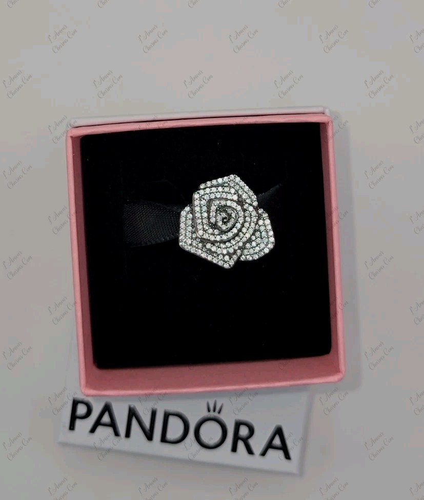 New Pandora Silver Sparkling Rose in Bloom Oversized Charm #793245C01 W/ Box D82
