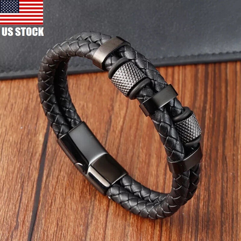 Men’s Stainless Steel Genuine Leather Bracelet Strength Fashion Bangle Wrap Gift