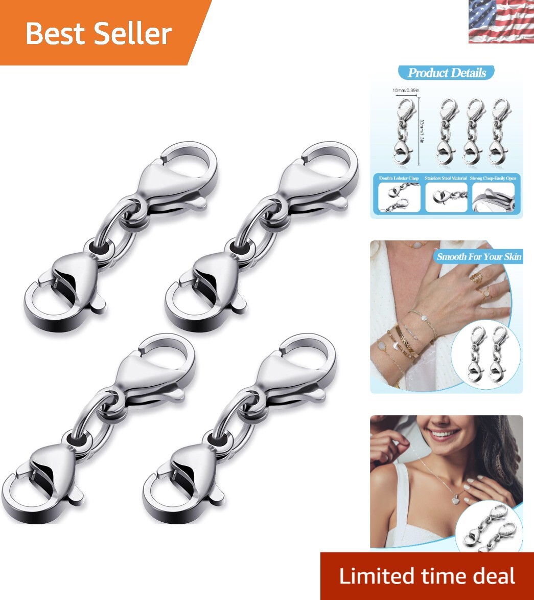 Polished Stainless Steel Double Claw Connector Bracelets Extenders – Pack of 4