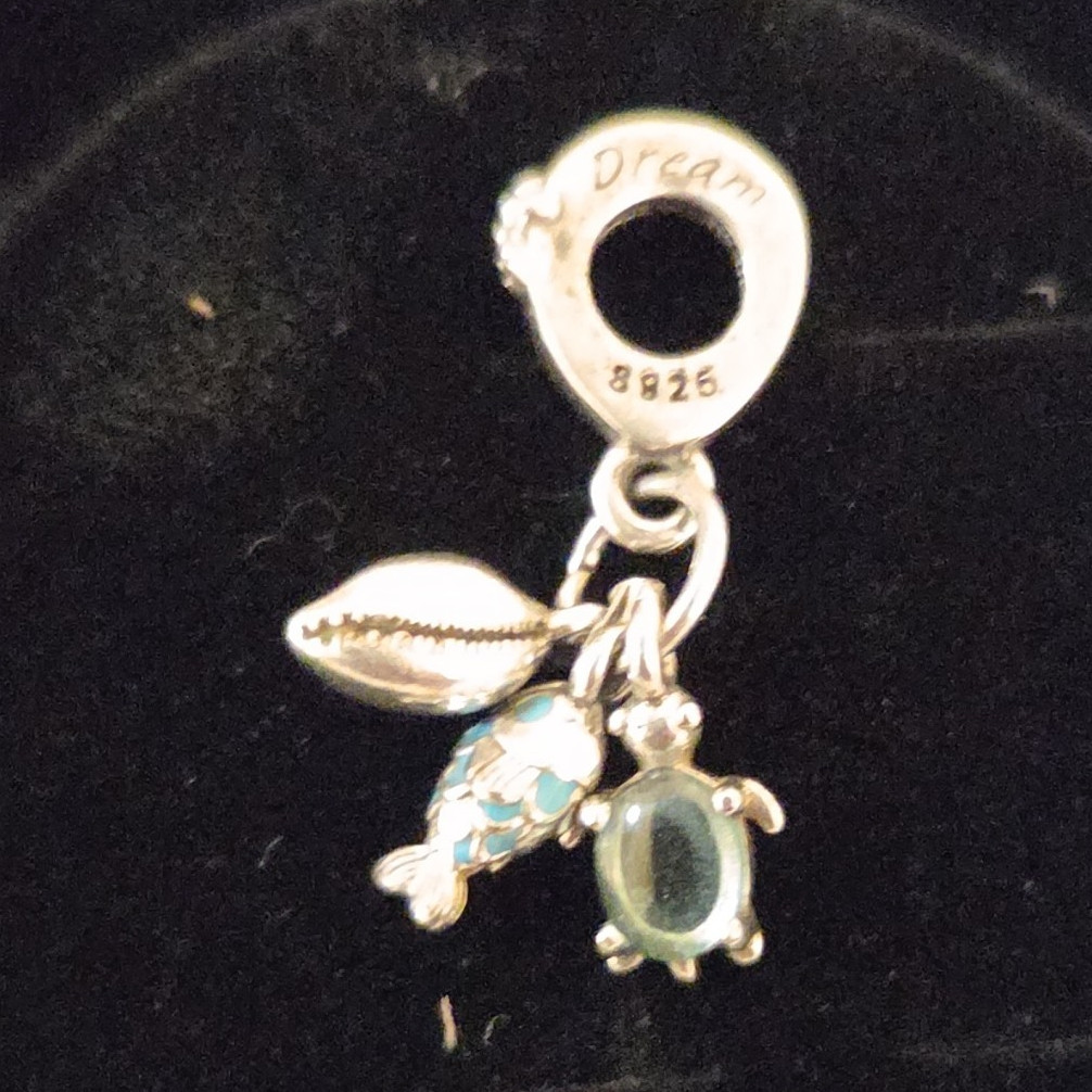 Silver Tone Dangle Charm Bead – Beach Theme Fish Shell & Green Oval Stone Signed