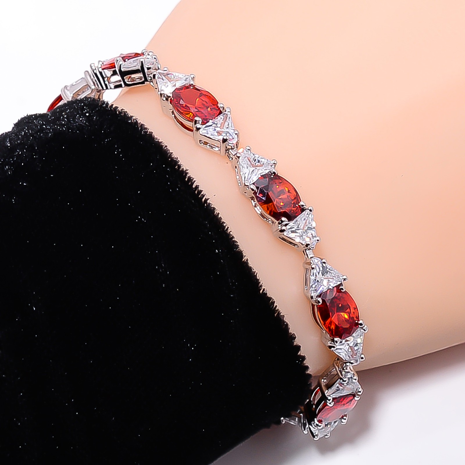Red Garnet, CZ 925 Sterling Silver Adjustable Bracelet 7-8″ B13385