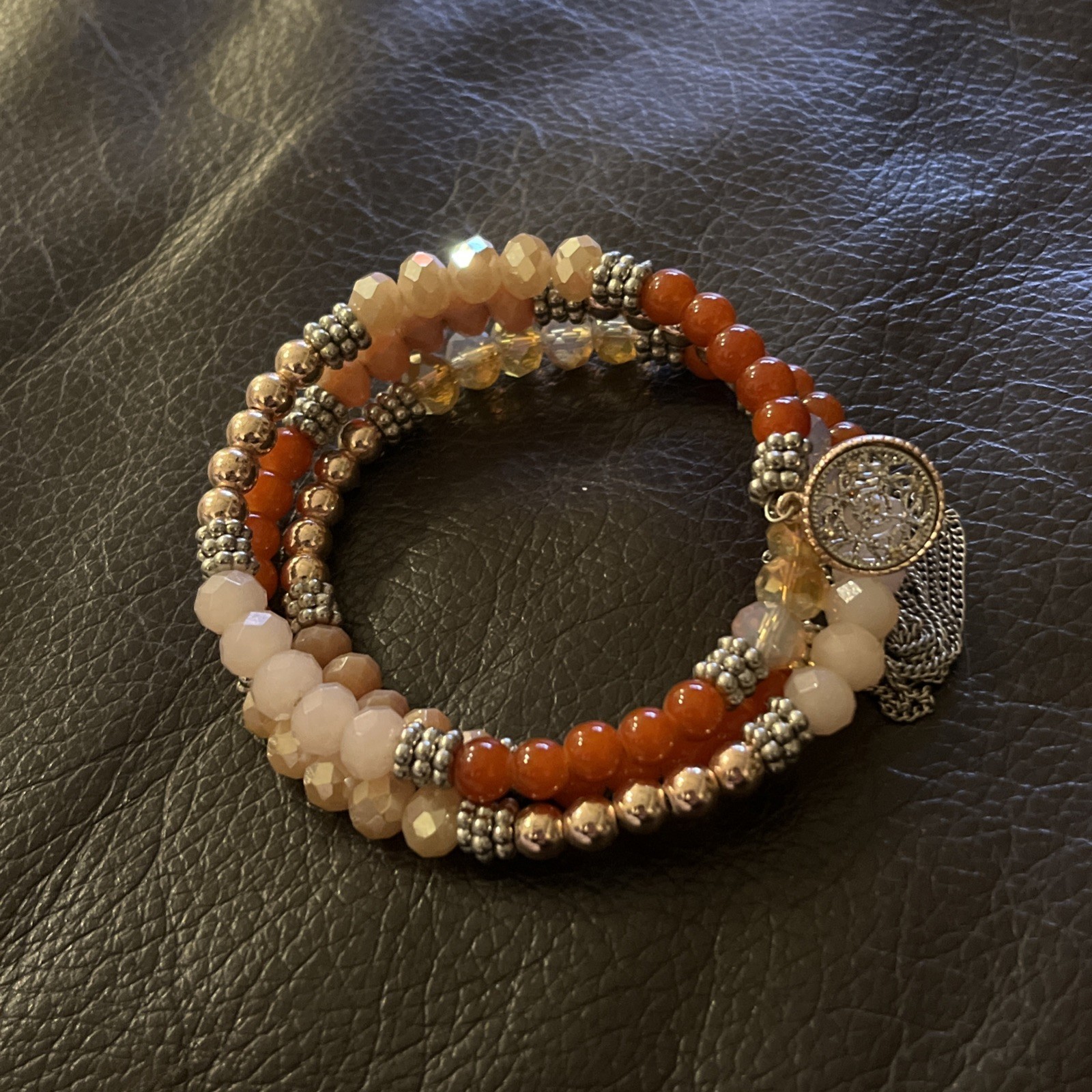 orange brown taupe stone faceted beads goldtone silvertone memory wire bracelet