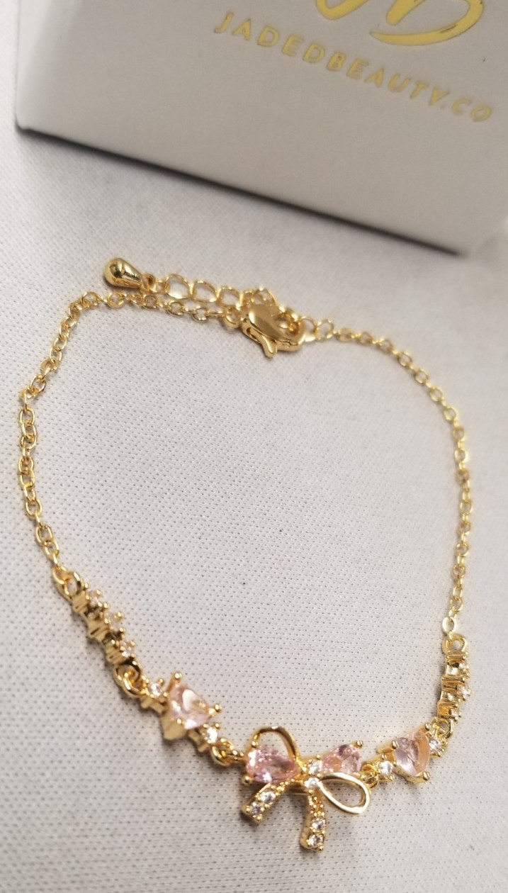 Jaded Beauty.Co Gold Plated Cubic Zirconia Bow Bracelet 6.5″+1″