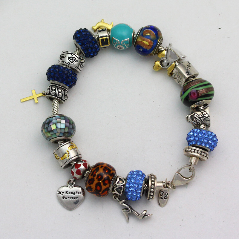 Sterling Silver 8 Inch Long Mixed Bead Rhinestone Glass Enamel Charm Bracelet