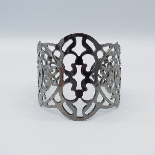 Intricate Cutout Wide Cuff Bracelet 7.8″ Gunmetal Scrolls Vintage Inspired