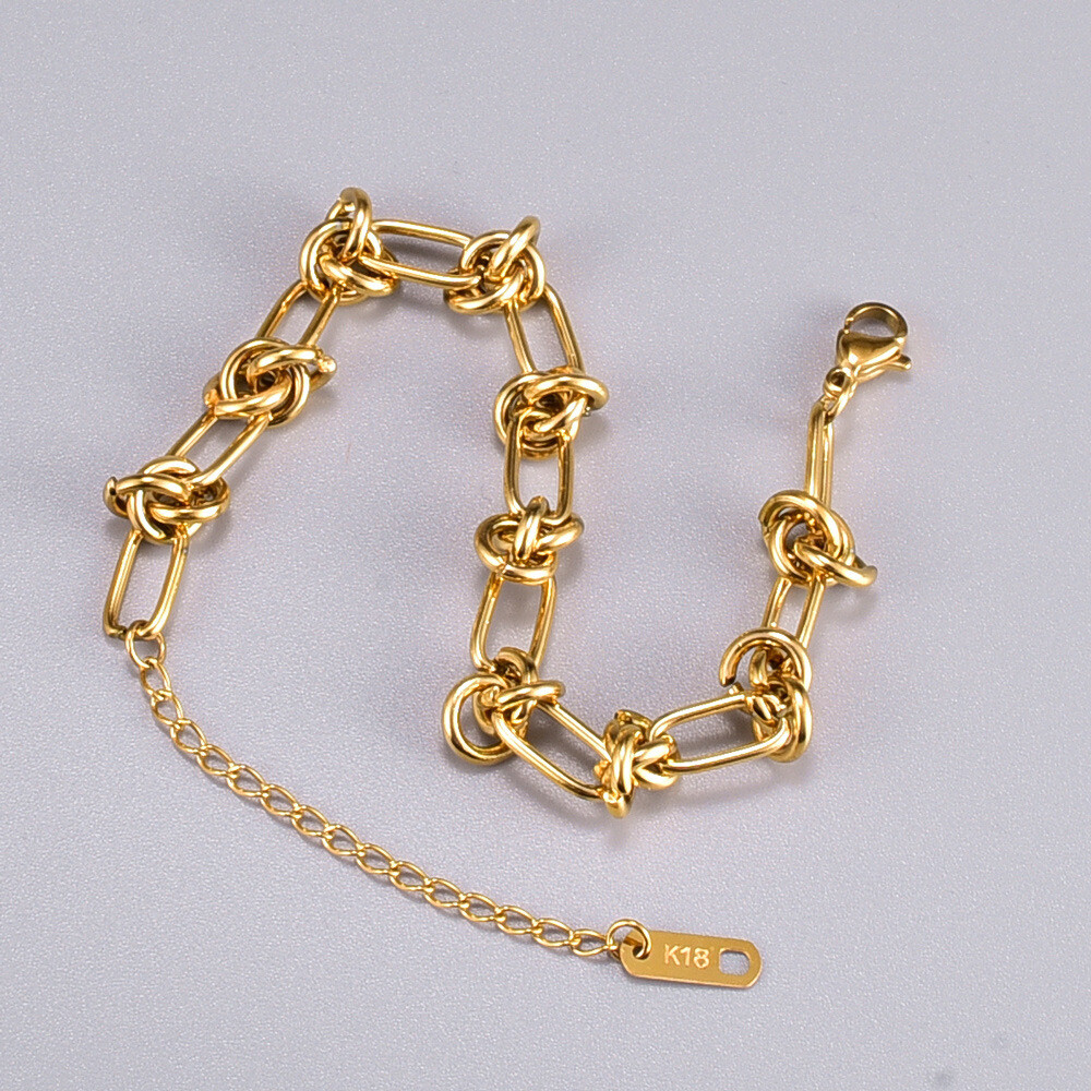 Woman 18K Gold Plated Stainless Steel Knot Link Chain Bracelet 7mm
