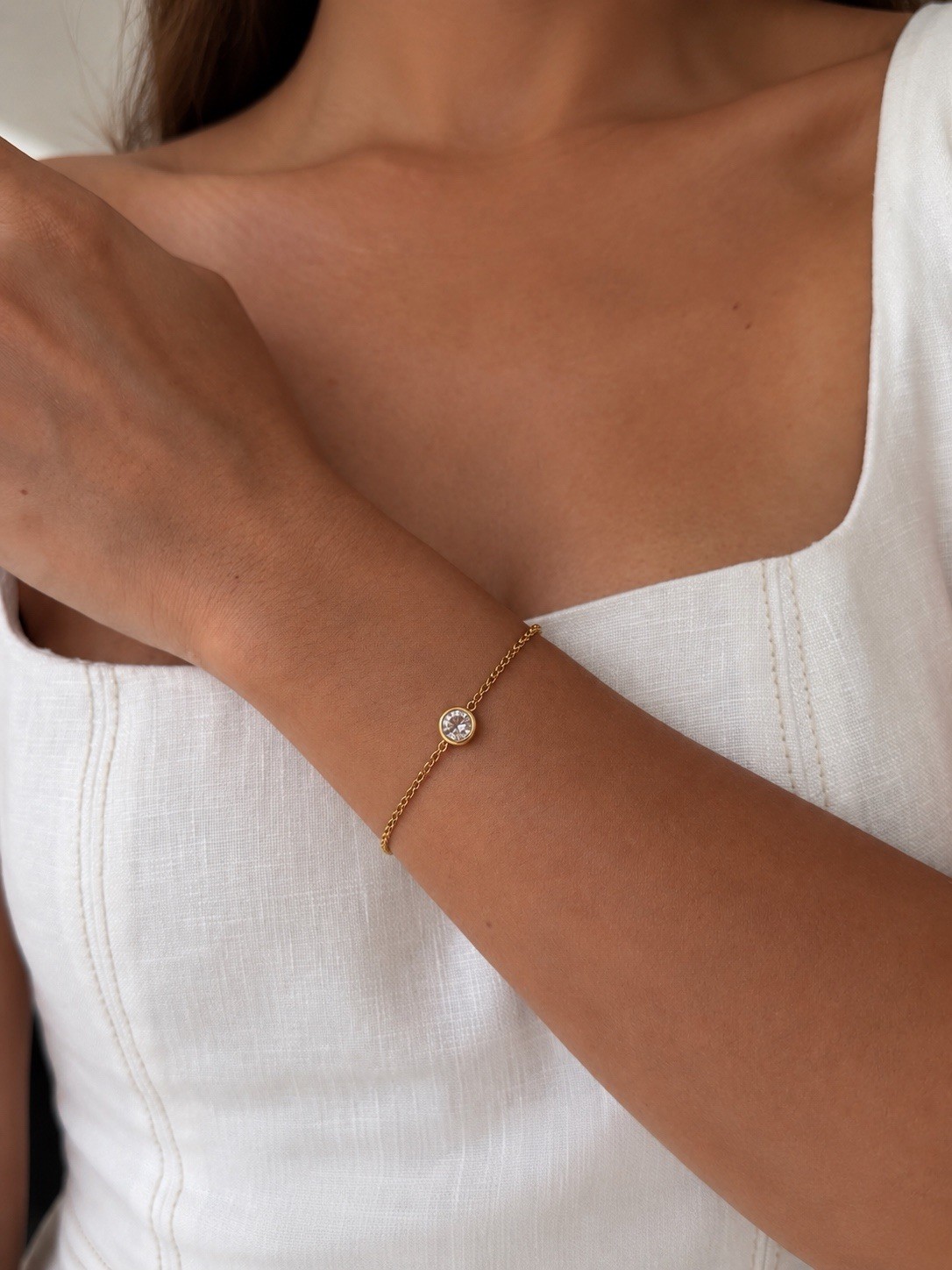 Minimalist Gold Bracelet, Dainty CZ Chain Bracelet, Bezel Set Crystal Bracelet
