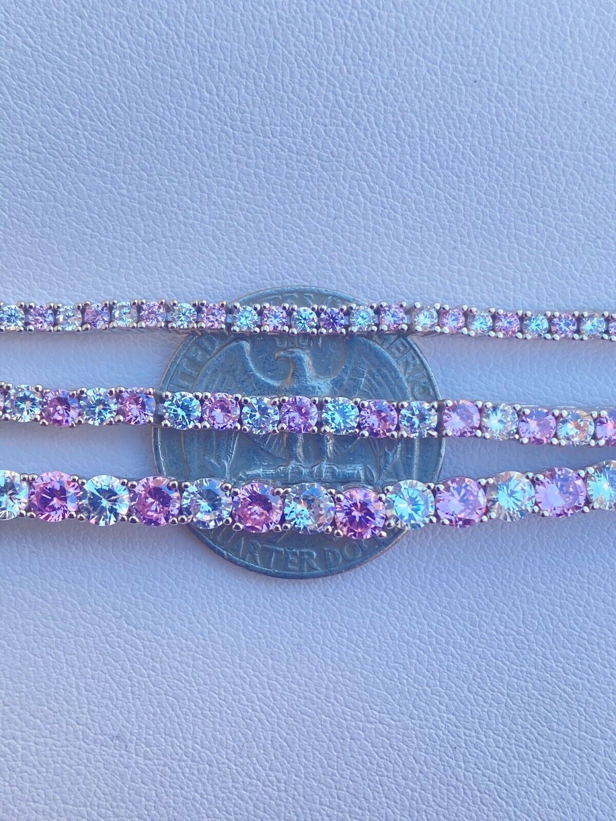 Tennis Bracelet SOLID 925 Sterling Silver Single Row Hip Hop CZ Pink Stone
