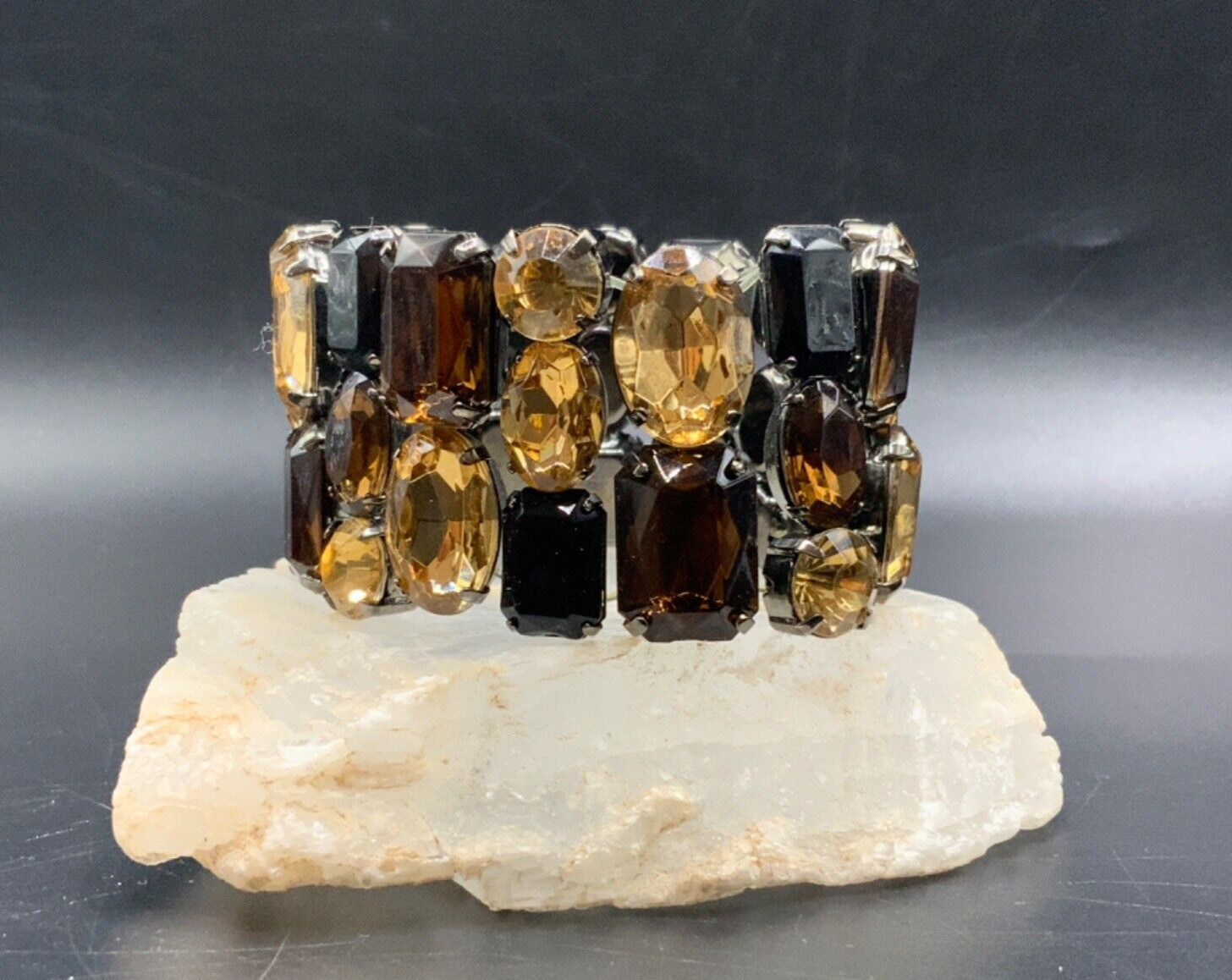 Brown Orange Bracelet Fall Harvest Acrylic Wide Bling Metal Stretch Bracelet