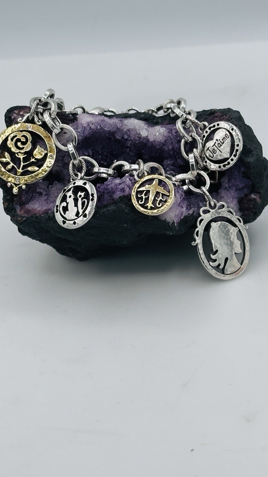 Brighton Paris Love Charm Bracelet Two Tone Heart Rose Cat Retired