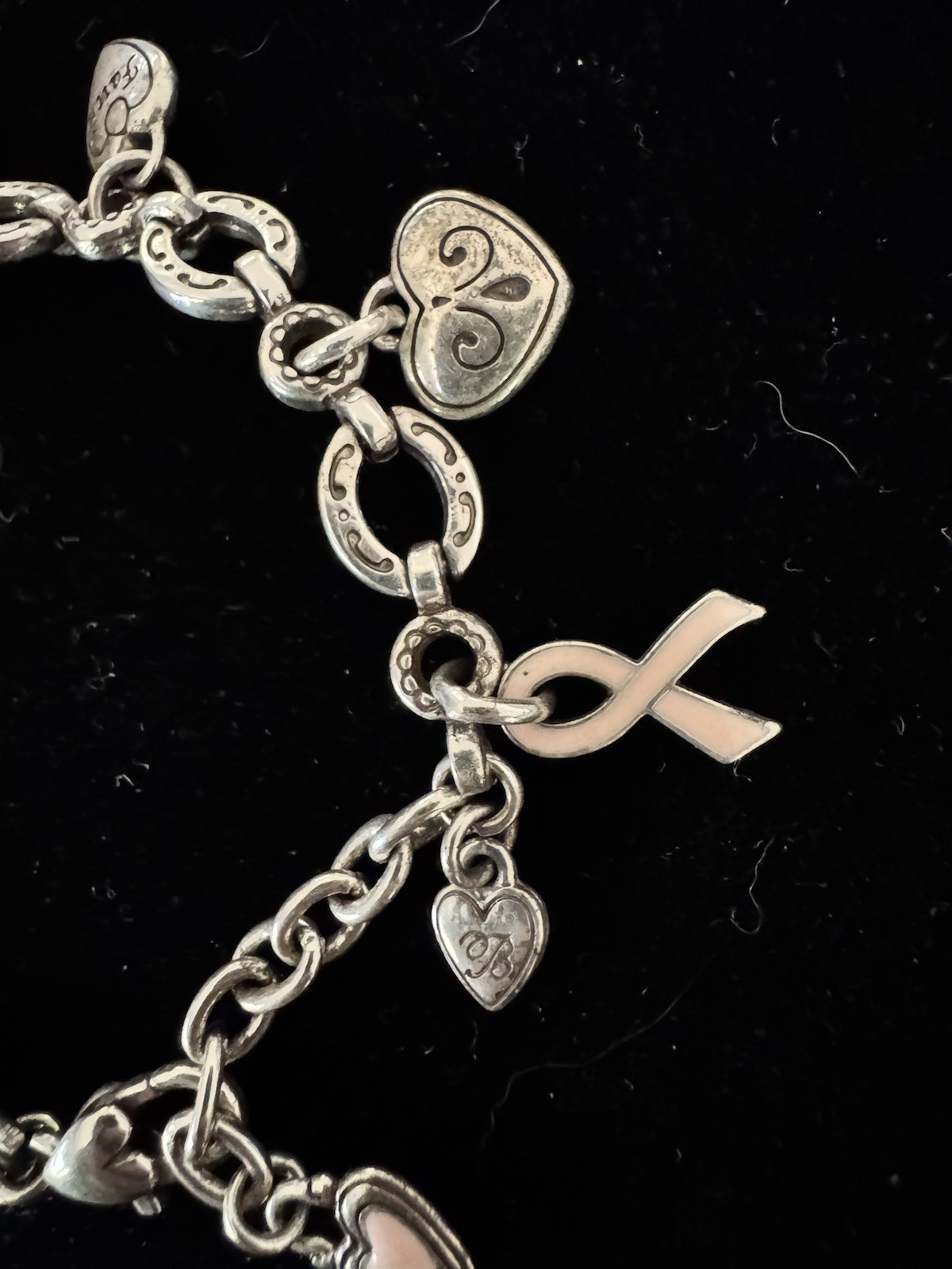 Brighton Oval Link Chain Heart Dangle Charm Bracelet Love Faith Hope Pink Ribbon