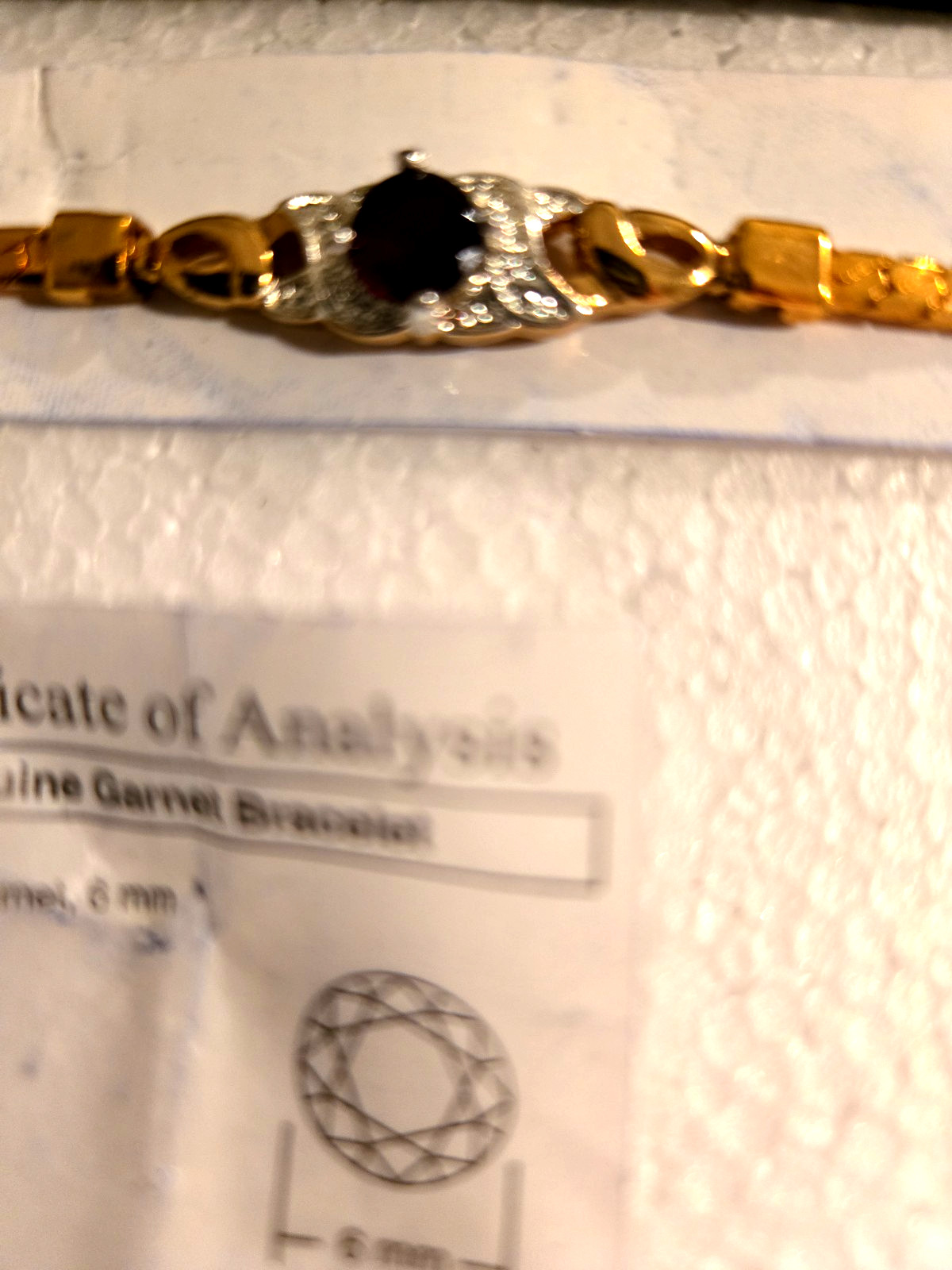 Gold Tone Bracelet Herringbone Chain Dark Red Garnet Silver Tone Setting 7″