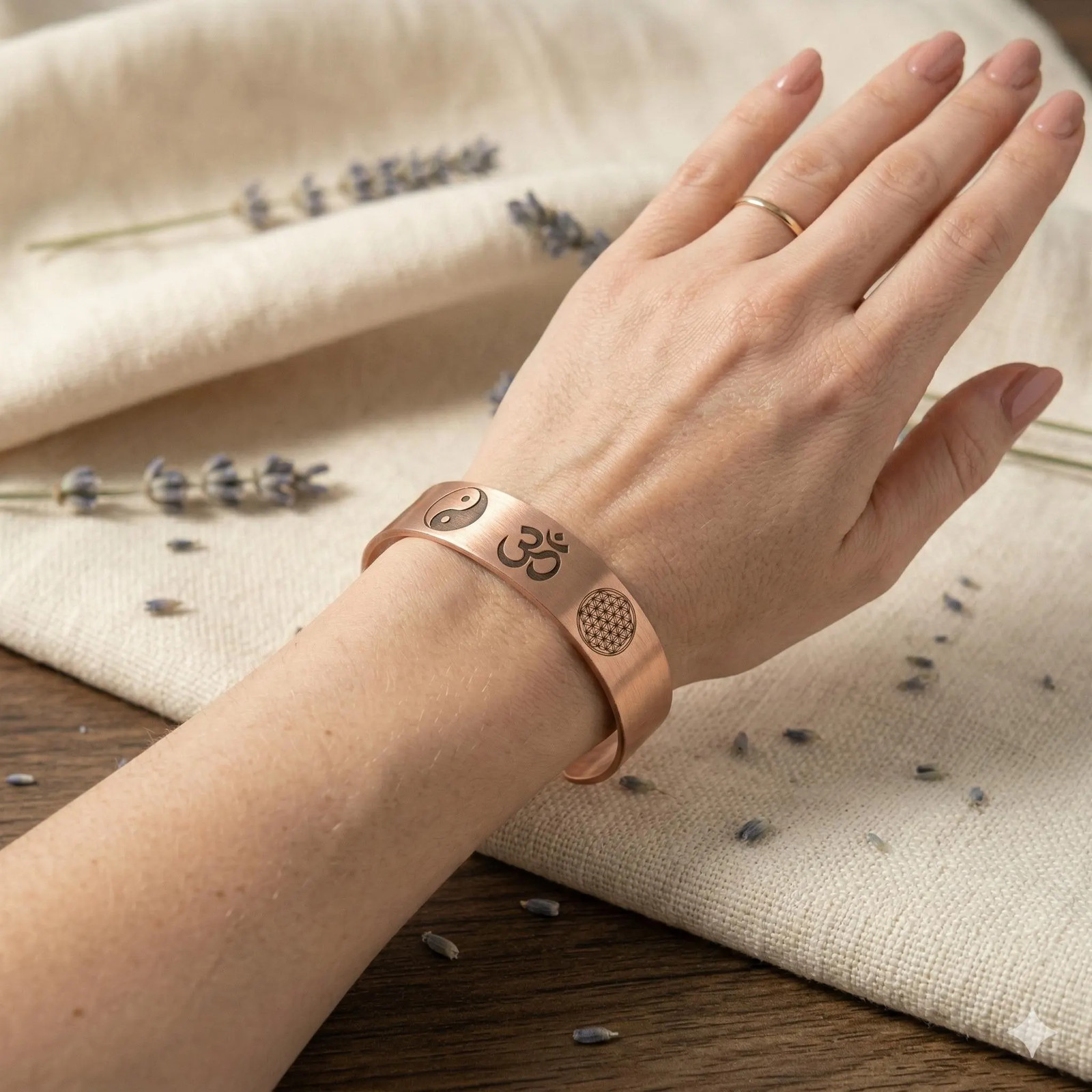 Pure Copper Spiritual Om + Yin Yang + Flower of Life Cuff – Handmade Boho Gift