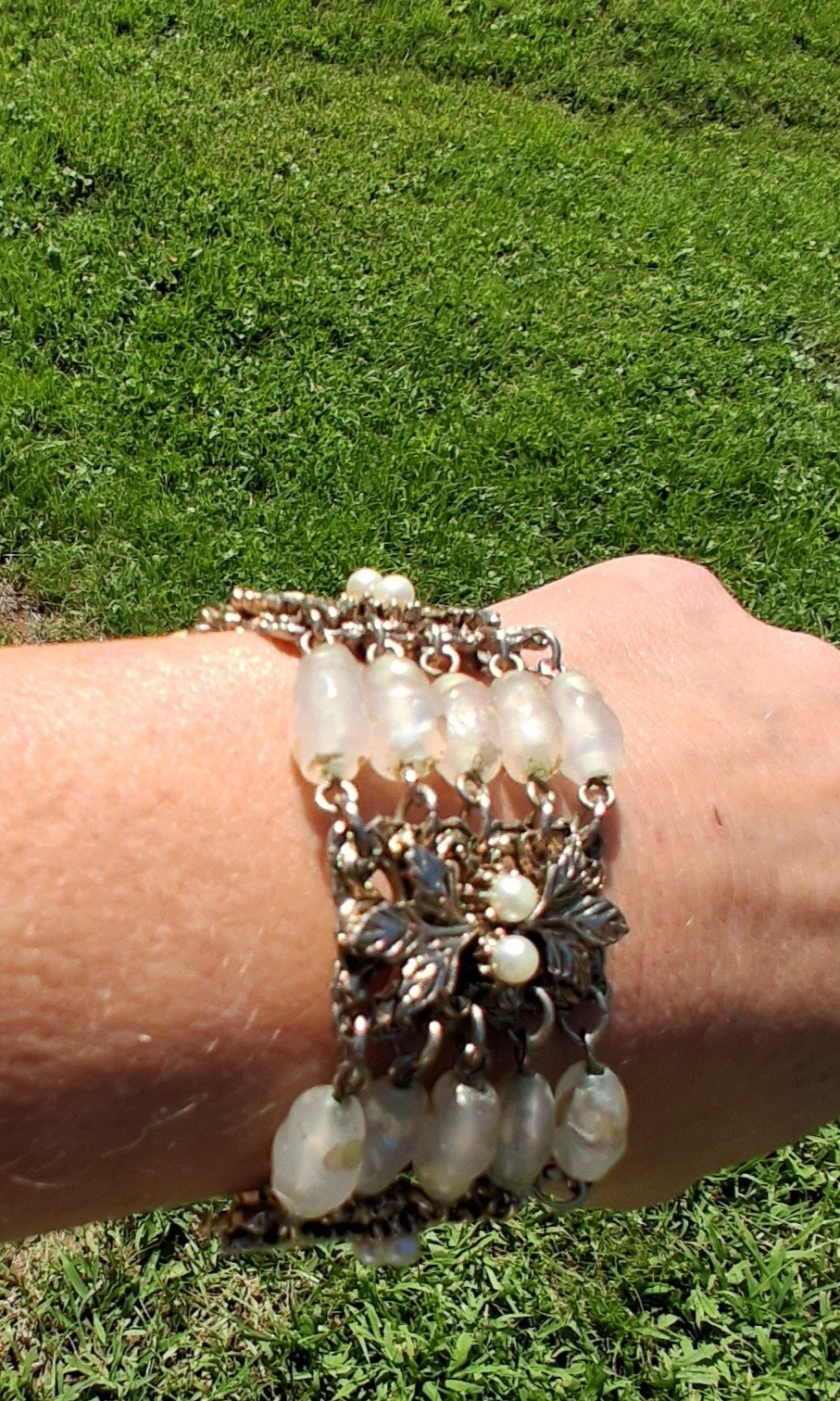 Vintage Gold Tone Wide Panel Bracelet Faux Baroque Pearls & Faux Pearl Accents