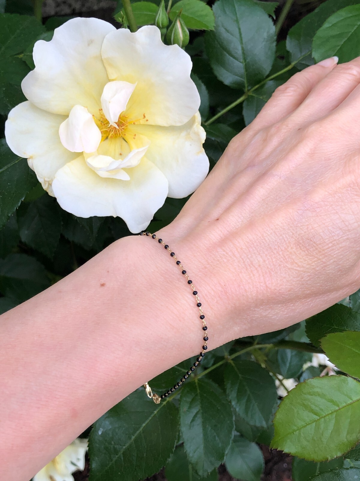 925 Sterling Silver Gold Black Bead Beaded Bracelet Dainty Bead 1mm 6.5-7.75″