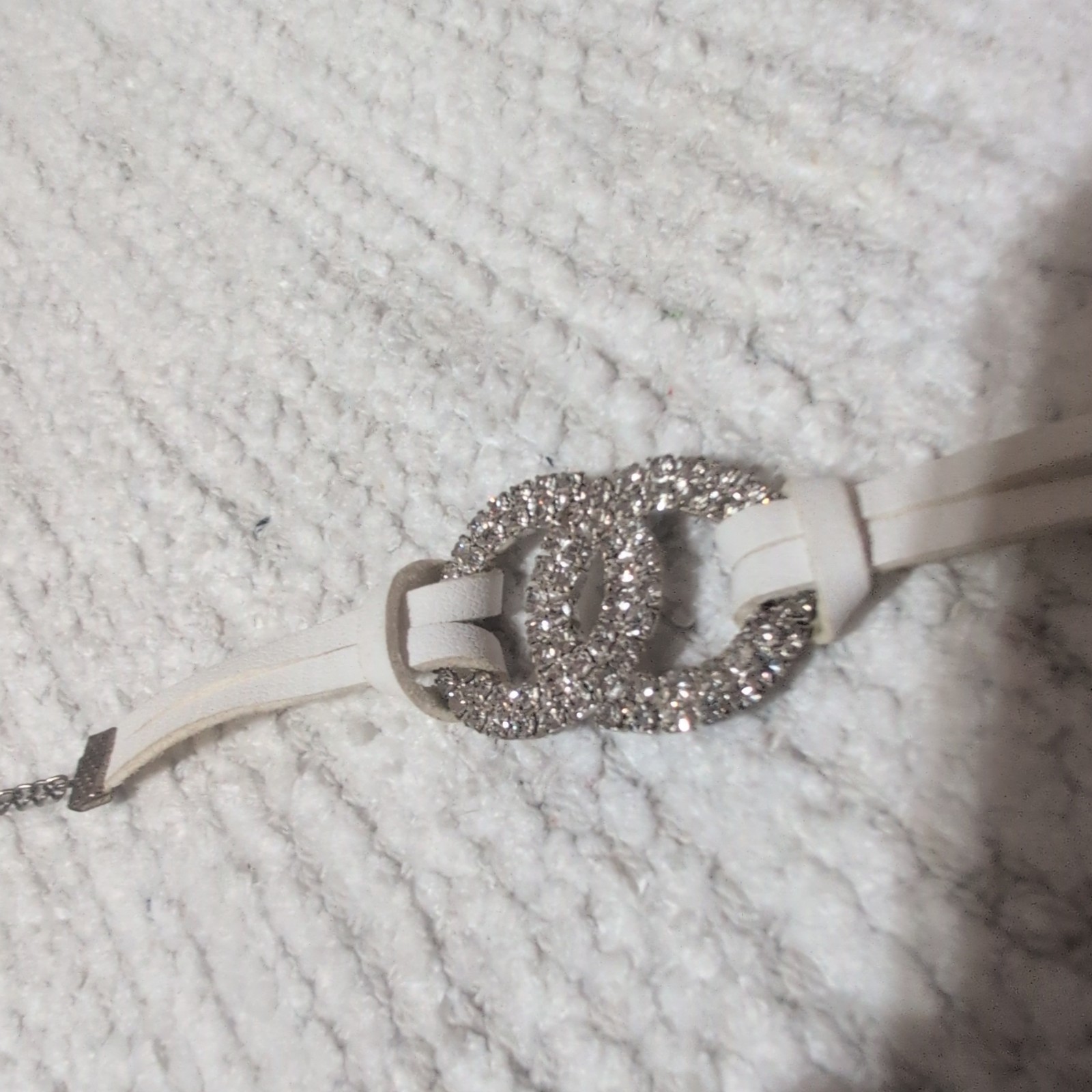 White Faux Leather Silver Cable Chain Bracelet Pave Clear Crystal Buckle
