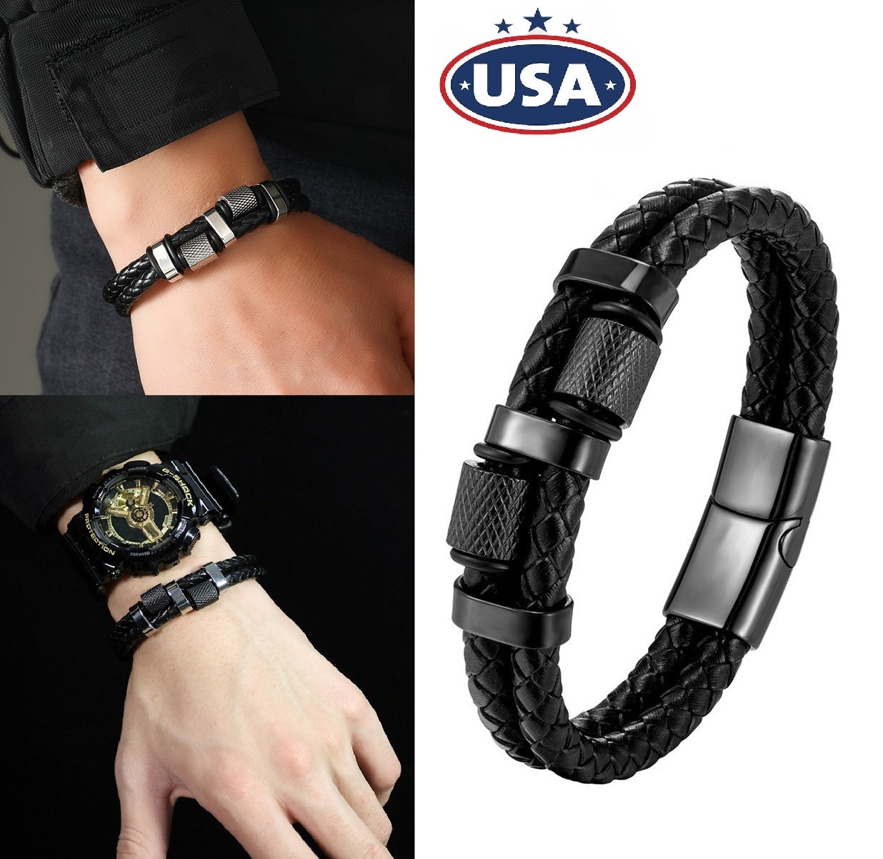 Men’s Stainless Steel Genuine Leather Bracelet Strength Fashion Bangle Wrap Gift