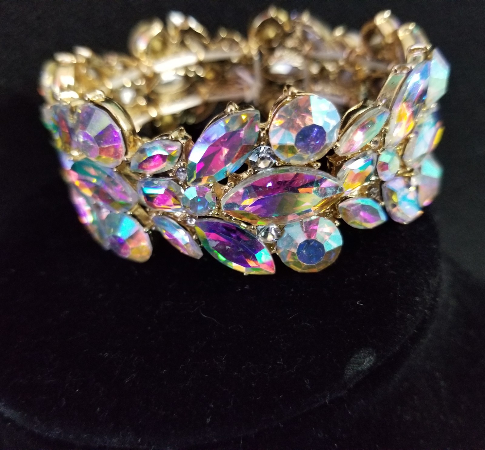 AB Iridescent Gold Rhinestone Stretch Bracelet Crystal Pageant Prom Drag Jewelry