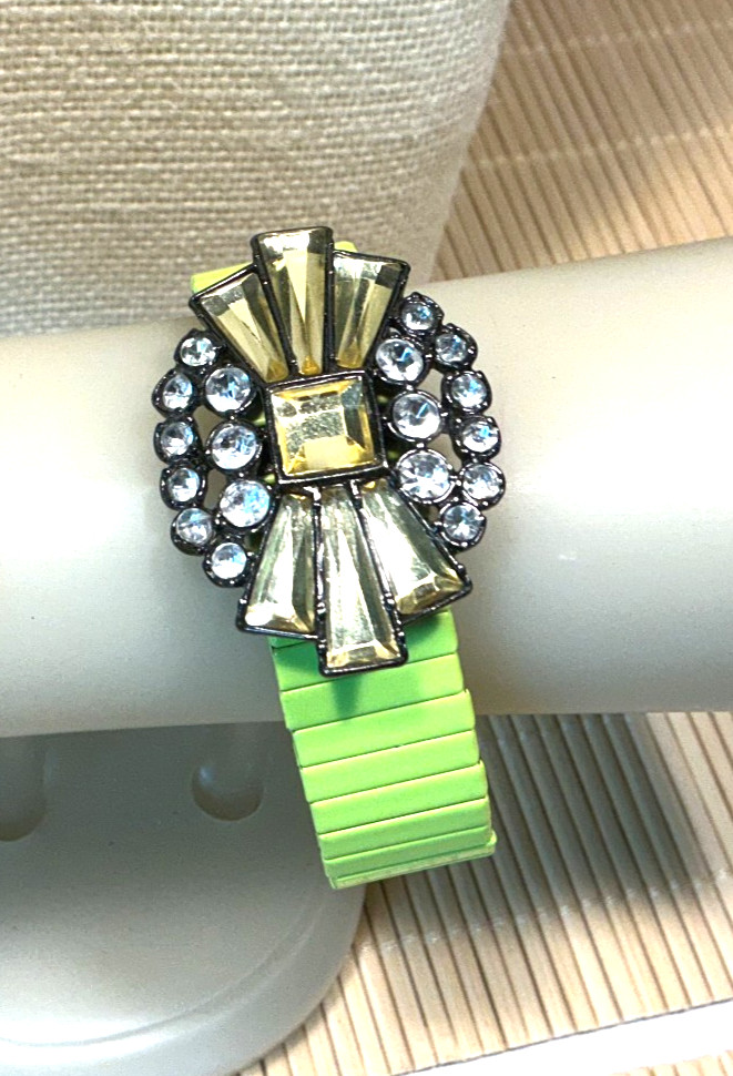 Fashion Bracelet Clear Yellow Acrylic Rhinestone Green Enamel Stretch Lot 101D