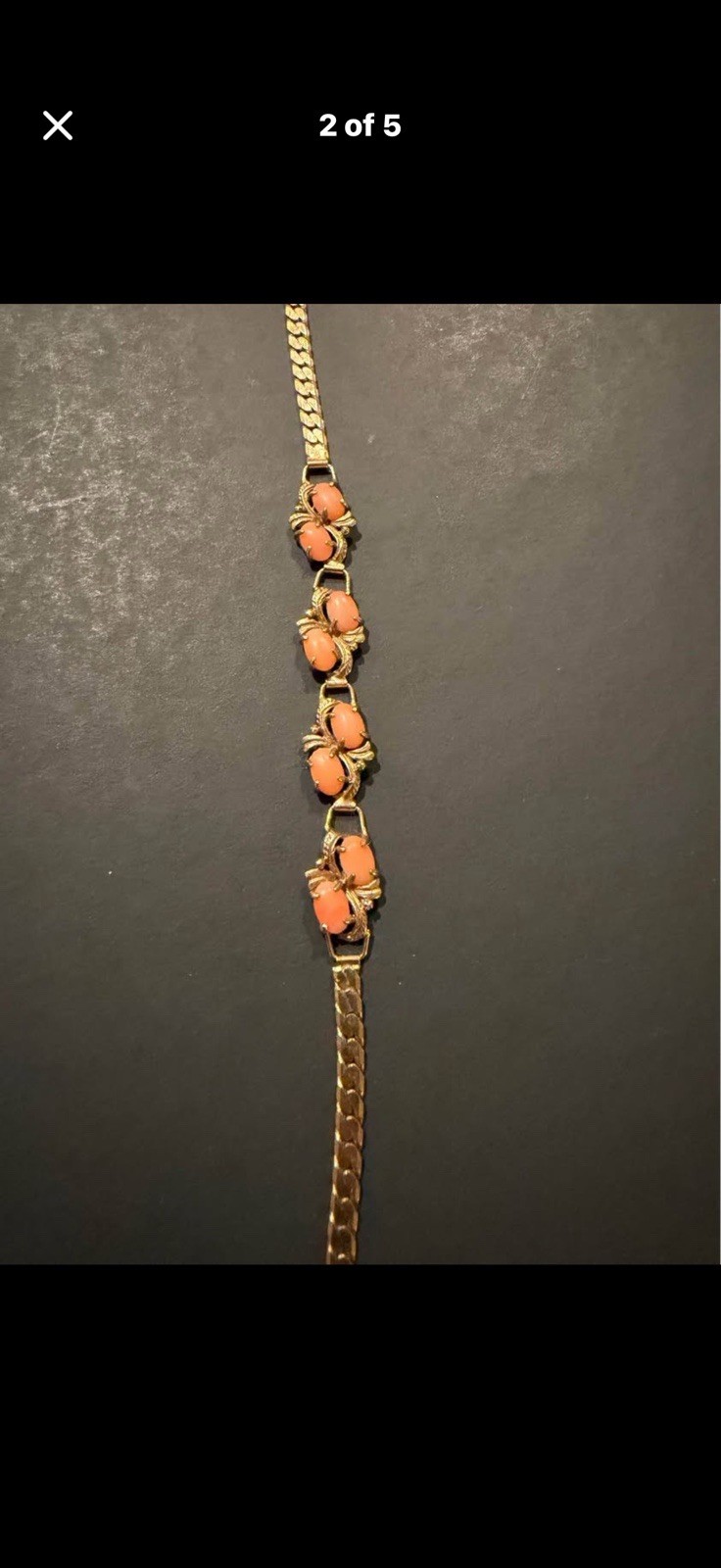 Gold Tone Curb Link Chain Bracelet 8 Oval Orange Stones Lobster Clasp 7-7.5in