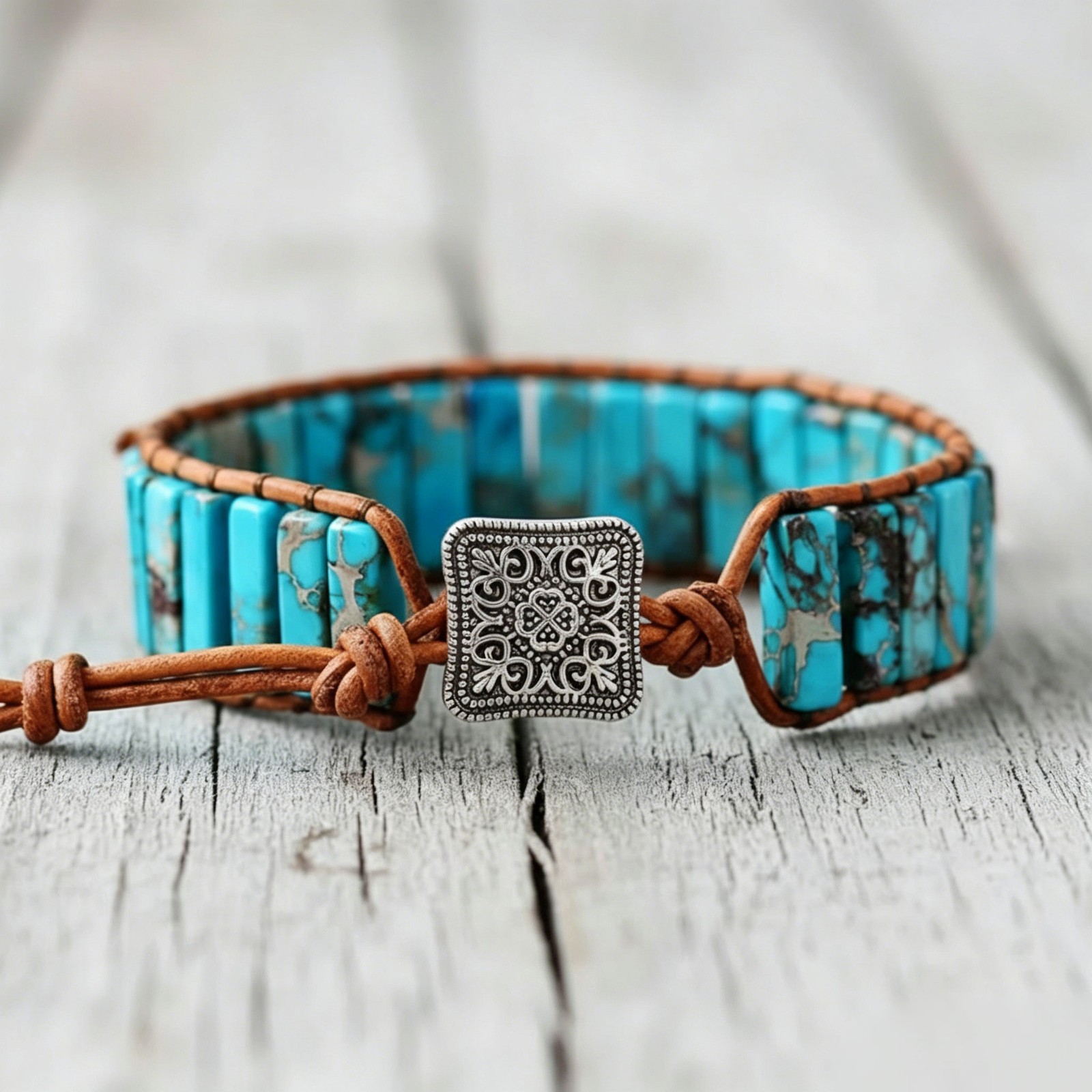 Natural Blue Turquoise Tube Stone Bracelet Leather Braided Healing Copper Wrap