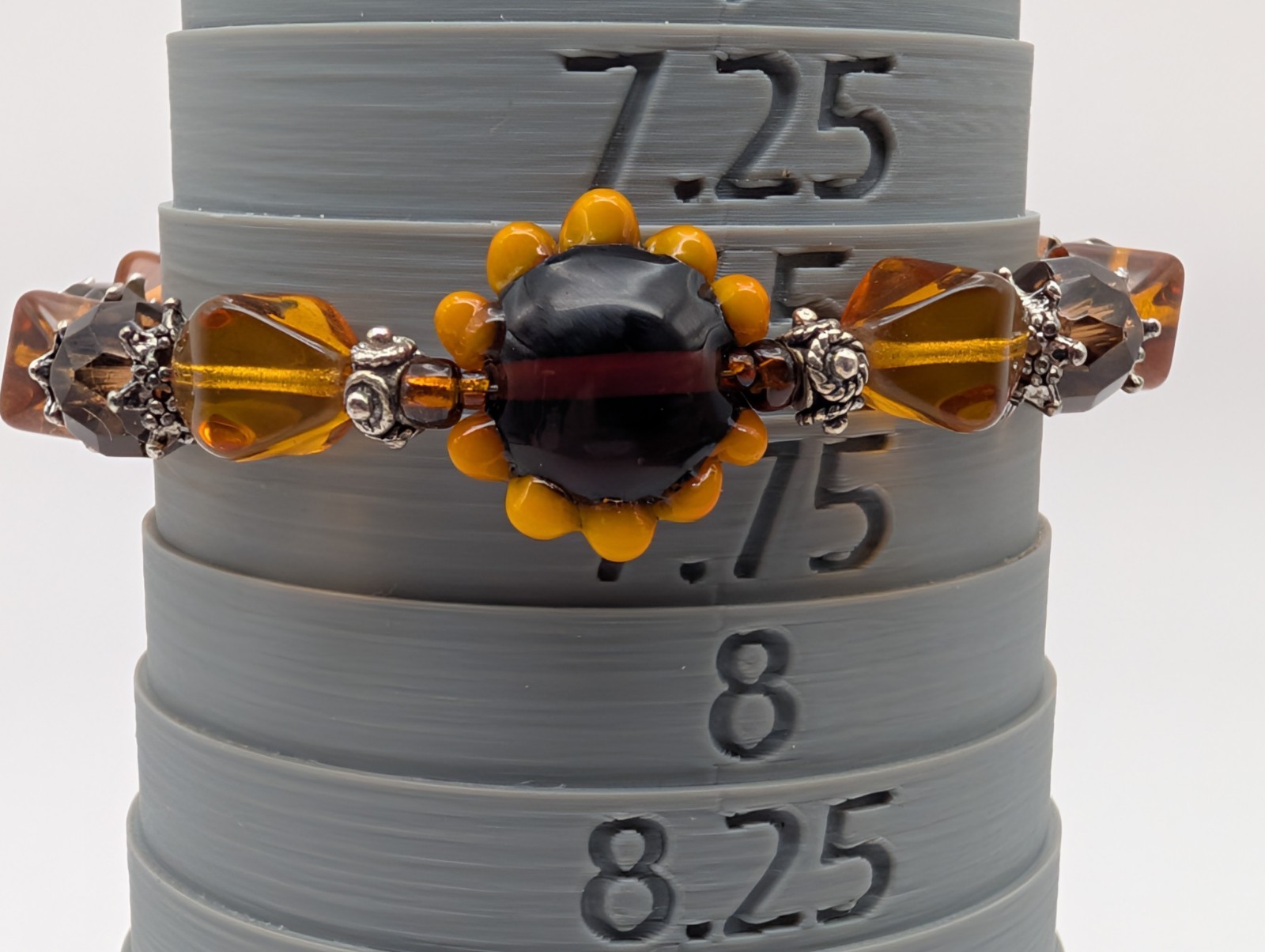 Art Glass Sunflower Beaded Bracelet With 925 Sterling Silver Toggle Clasp 7.5″