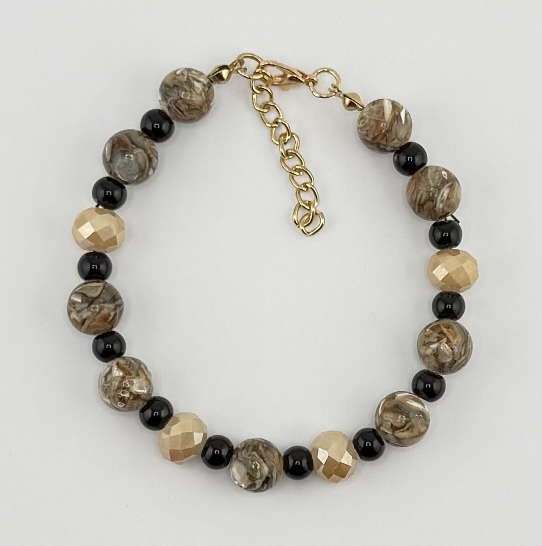 Black Brown Gold Tone Round Beaded Bracelet 7in Adjustable Lobster Gift for Her