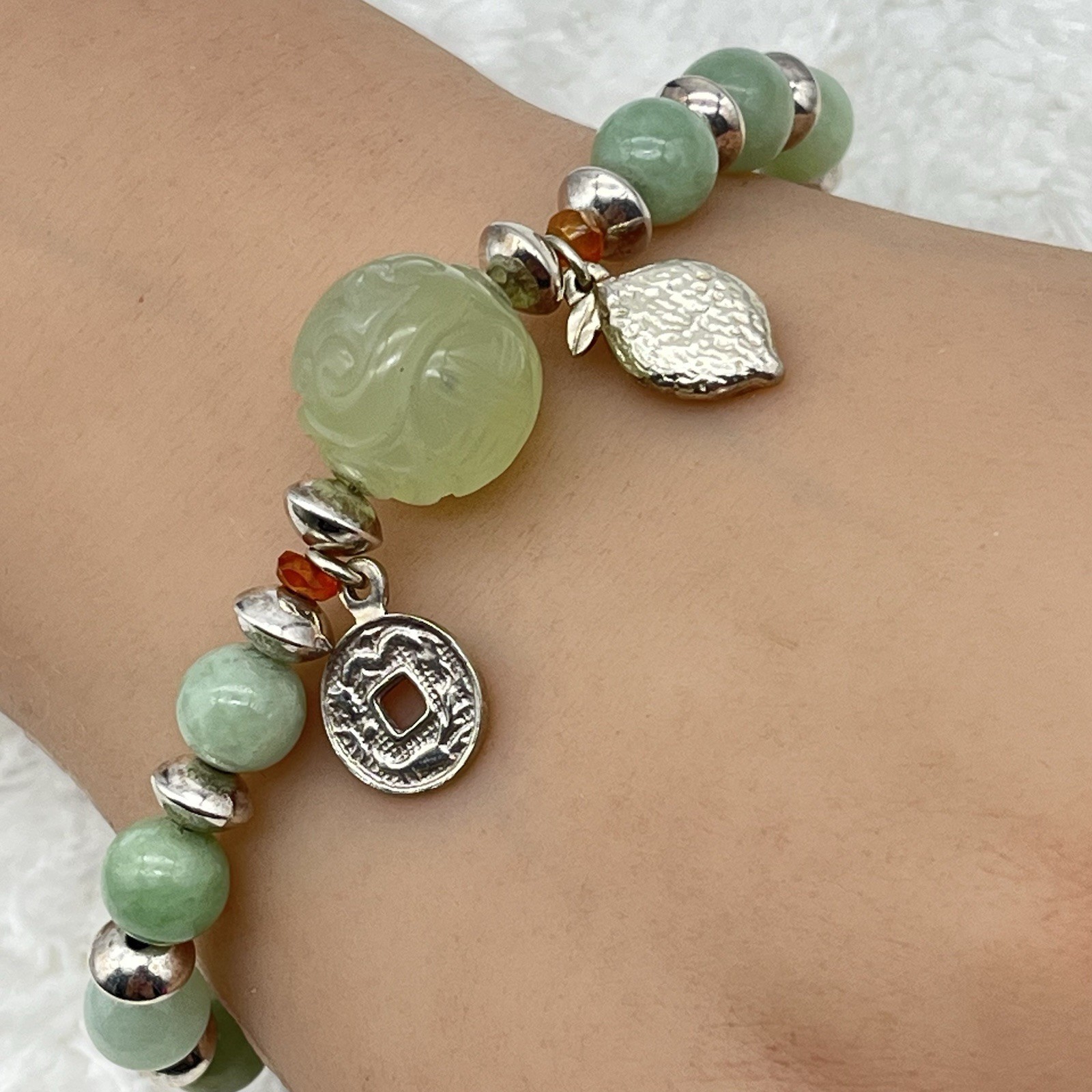 Carved Green Beaded Bracelet Chinese Faux Coin Charm Toggle Clasp Fits 7″ Wrist