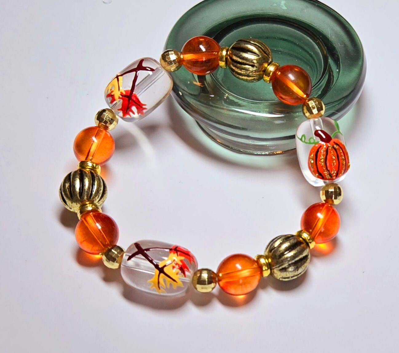 Fall Bracelet Pumpkin Maple Leaf Harvest Jewelry Beaded Gold Orange Brown
