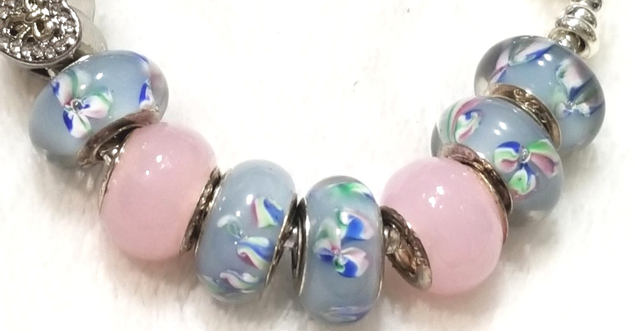 7.9″ Heart Bow Slider Charm Flower Murano Lampwork Glass Beads Spacers Bracelet