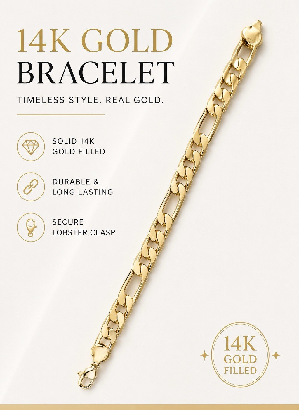 14K Gold Filled Figaro Chain Bracelet Gold Color Lobster Clasp