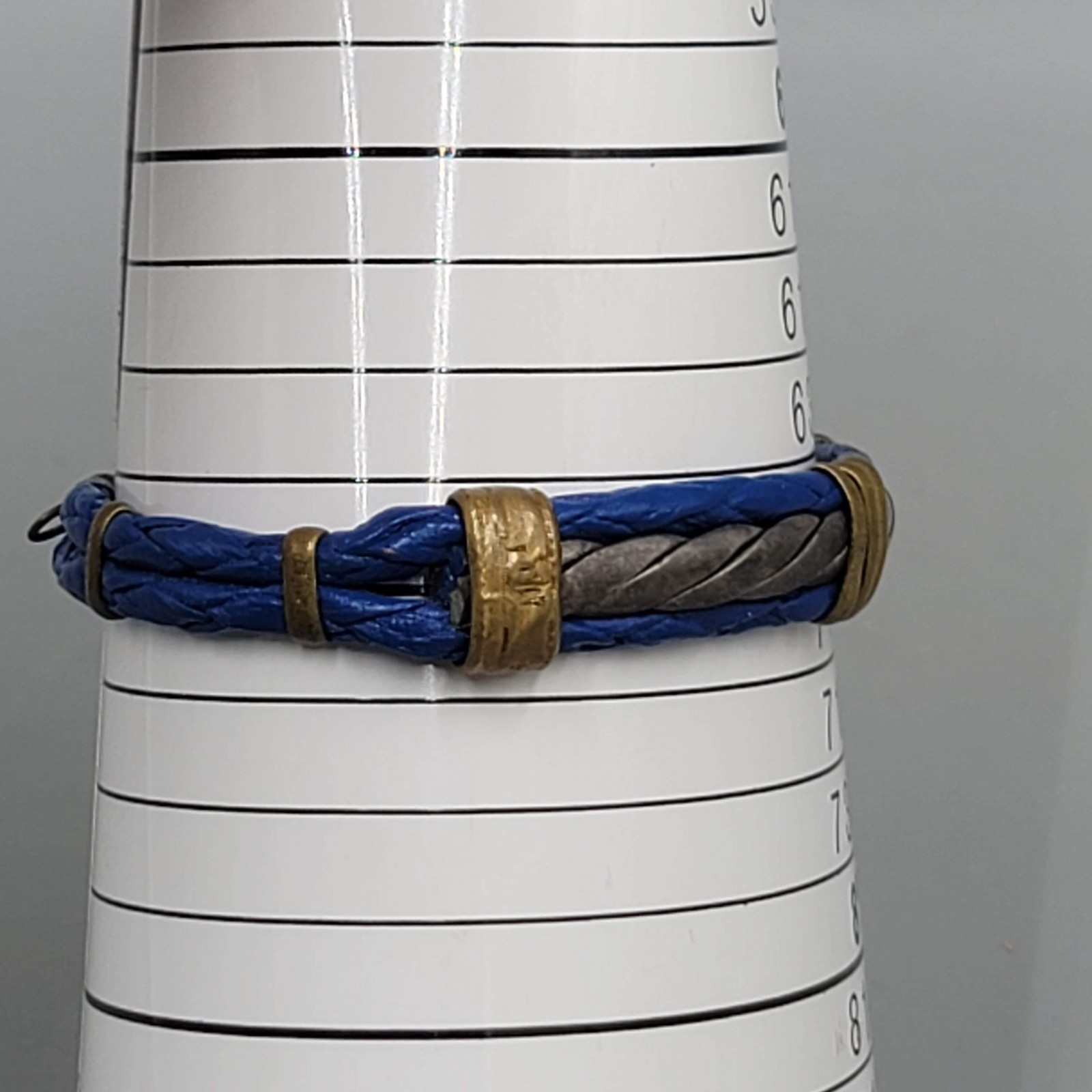 Vintage Blue Braided Leather Brass Accents Hook Clasp 7 in