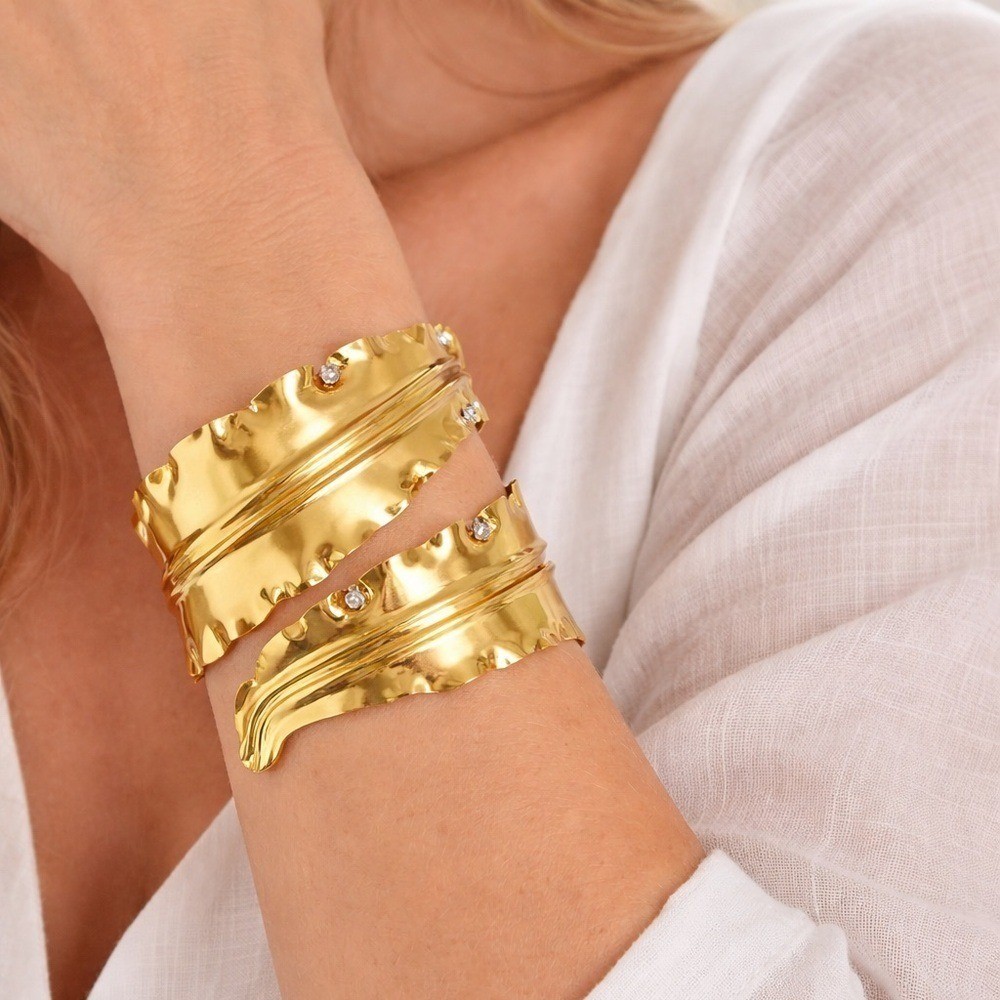 Gold Statement Cuff Bracelet Wide Hammered Rhinestone Accent Modern Open Cuff