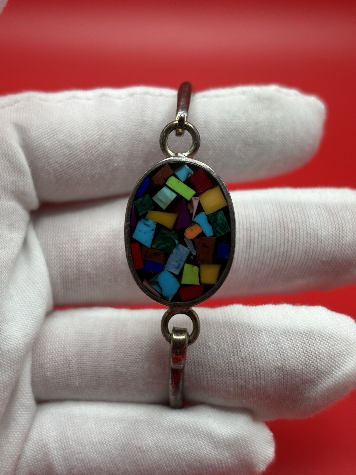 Vintage Mexico Sterling Silver 925 Mosaic Cuff Bracelet Inlaid Stones