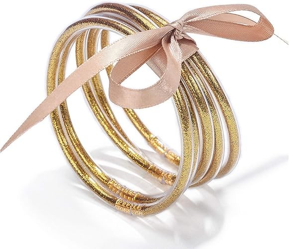 HIIXHC BLING Gold Glitter Filled Jelly Silicone Bangle Bracelets 6.5 Inch
