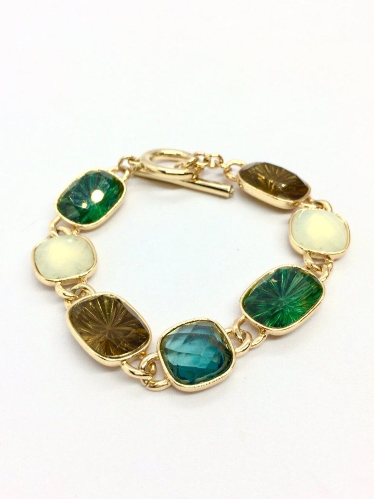 VINTAGE ANNE KLEIN Bracelet Green Brown Opaline Toggle Gold Tone