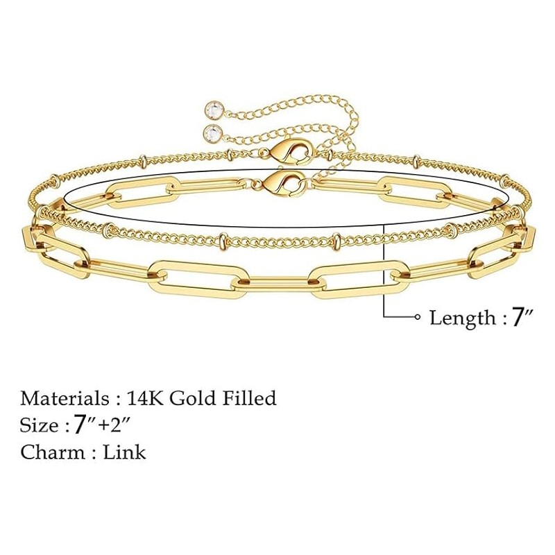 14K Gold Filled Layered Paperclip Bracelet Dainty Beaded Link Chain Adjustable