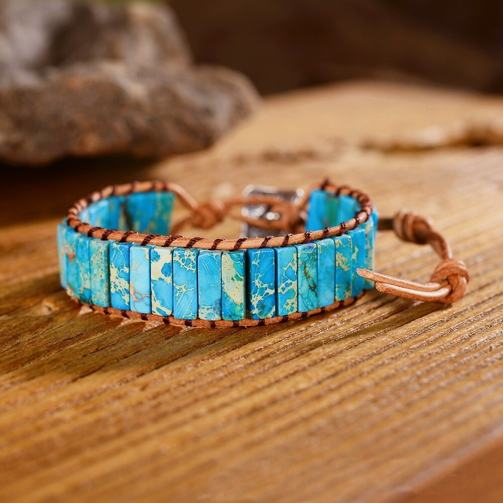 Natural Turquoise Tube Stone Bracelet Leather Braided Healing Bracelet US