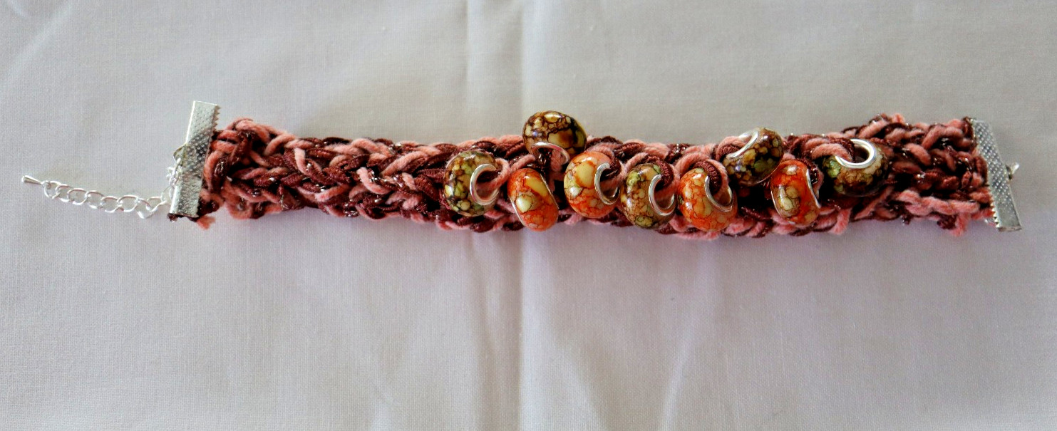 BRACELET HAND KNIT & BEADED W/ WATERCOLOR W/SILVER BRASS CORES BROWN ADJUSTABLE