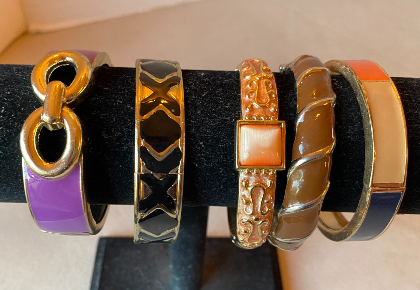 Lot of 5 Enamel Metal Bangle Bracelets Multi color Purple, Brown, Orange