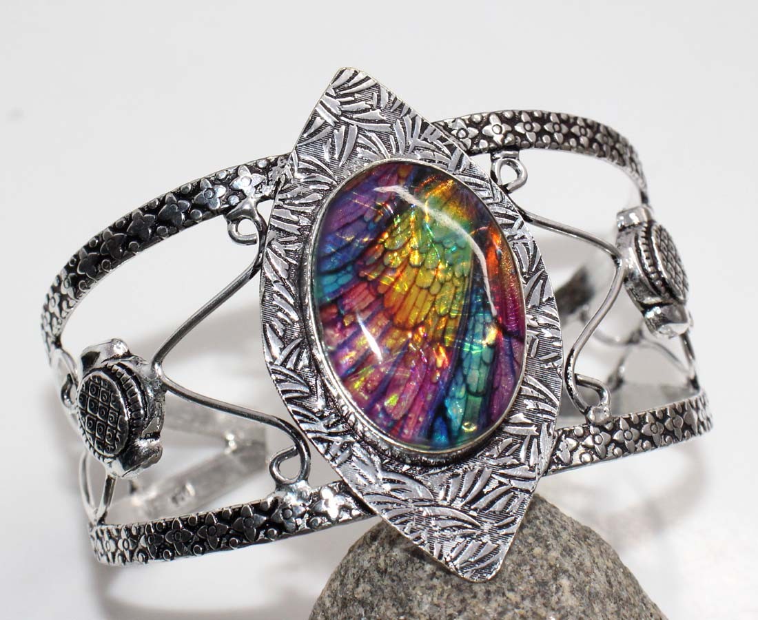 925 Silver Plated Huge Dichroic Glass Bangle Handmade Size 6.5″ GW